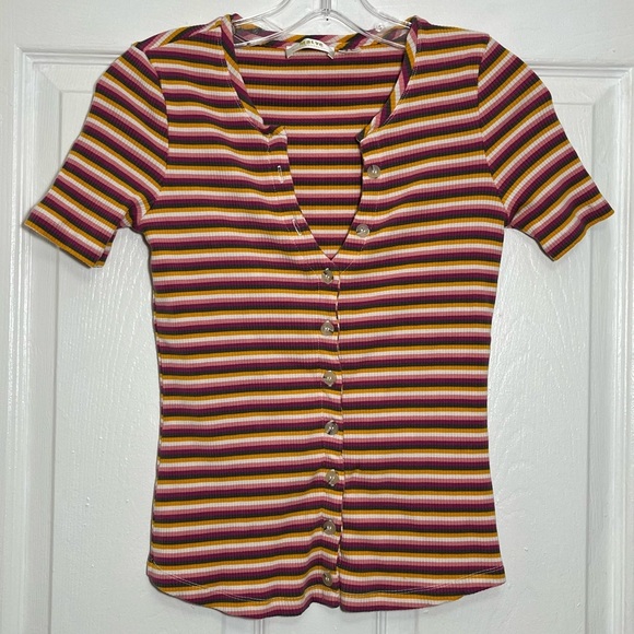 MAEVE by ANTHROPOLOGIE Ribbed Striped Multicolored Button Down Top | size XSMALL - Picture 1 of 7